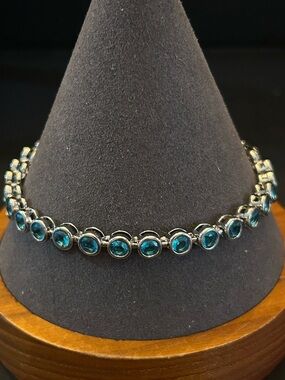 Vibrant Blue Crystal Tennis Line Bracelet in Silver Bezel Setting 8” Long